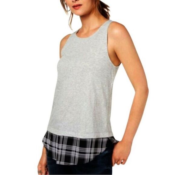 INC International Concepts Gray Sleeveless Top Plaid Hem Women's Large L NEW - Picture 3 of 7